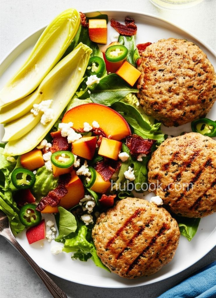 Peachy Turkey Burger over Greens with Endive, Bacon, Avocado, and Gorgonzola
