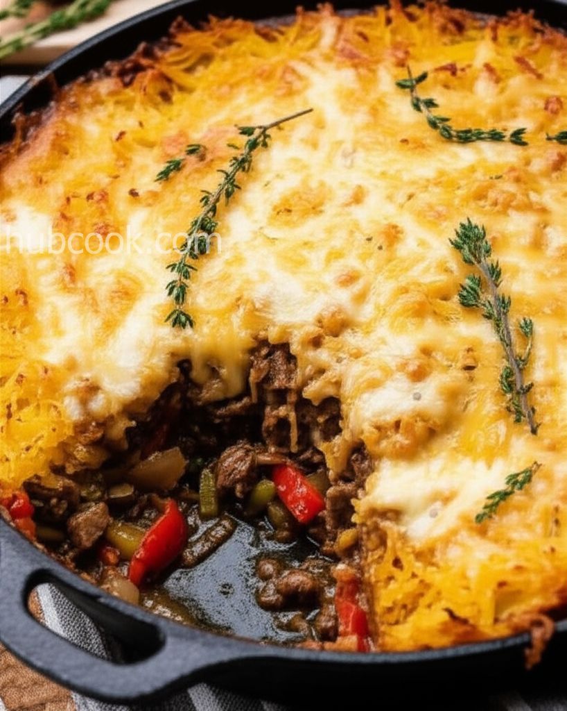 Philly-Cheesesteak Shepherd's Pie with Spaghetti Squash Topping