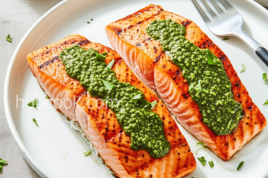 Grilled Salmon with Creamy Pesto Sauce