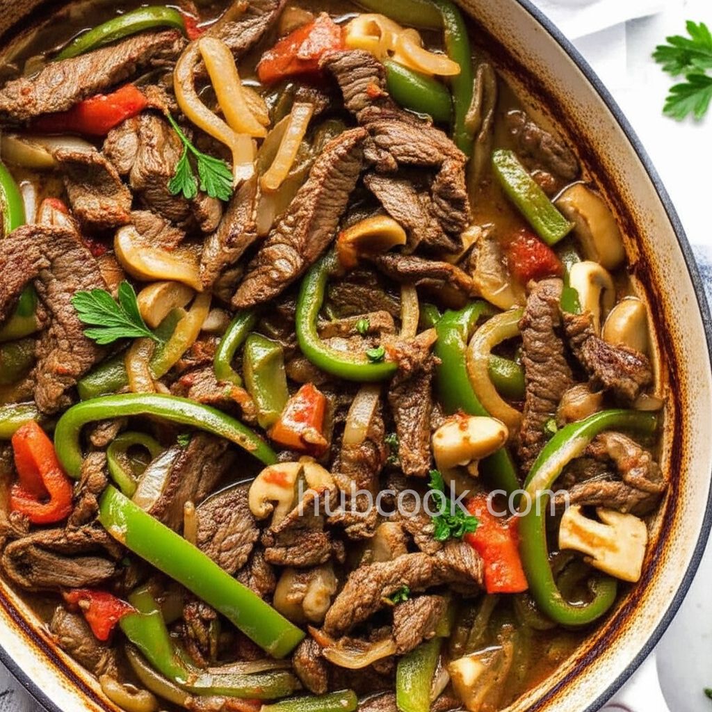 Sliced Steak, Peppers, and Mushrooms in the Oven