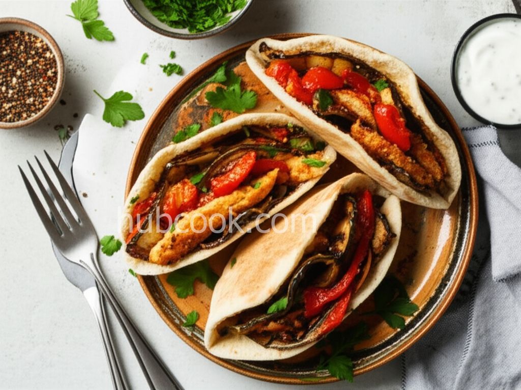 Eggplant, Roasted Pepper and Chicken Pitas