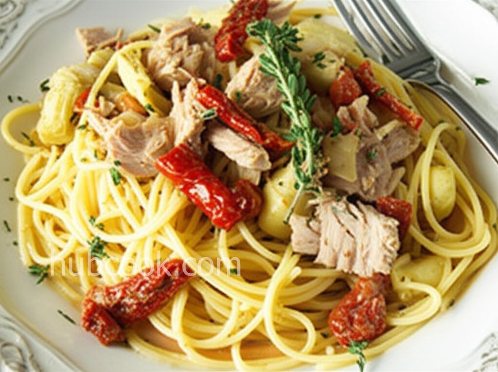 Pasta with Tuna, Sun-Dried Tomatoes, Artichoke Hearts, Lemon, and White Wine