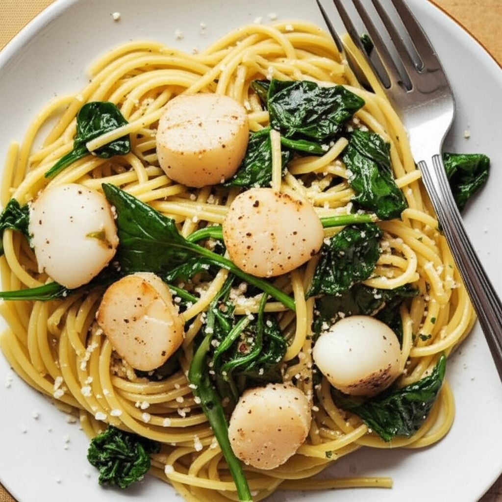 Scallops and Spinach Over Pasta