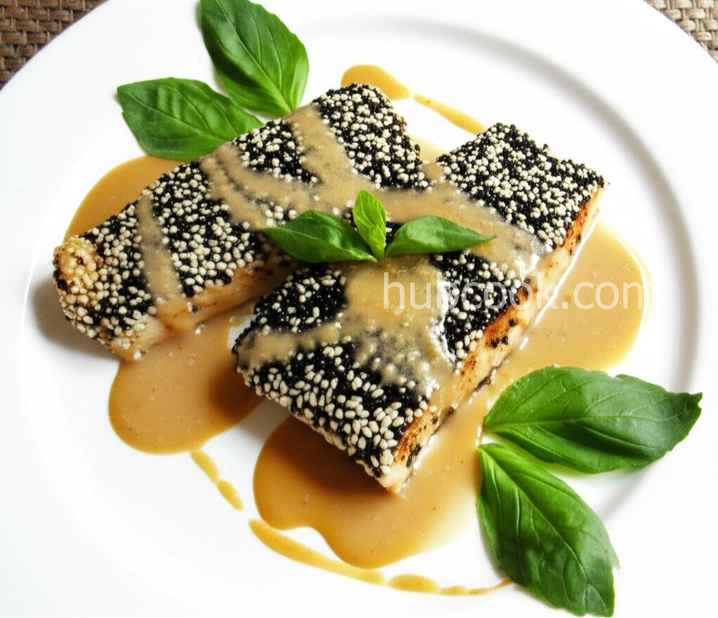 Sesame-Crusted Mahi Mahi with Soy, Shiso, and Ginger Butter Sauce