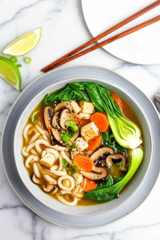 Vegan Udon Noodles Soup with Tofu and Vegetables