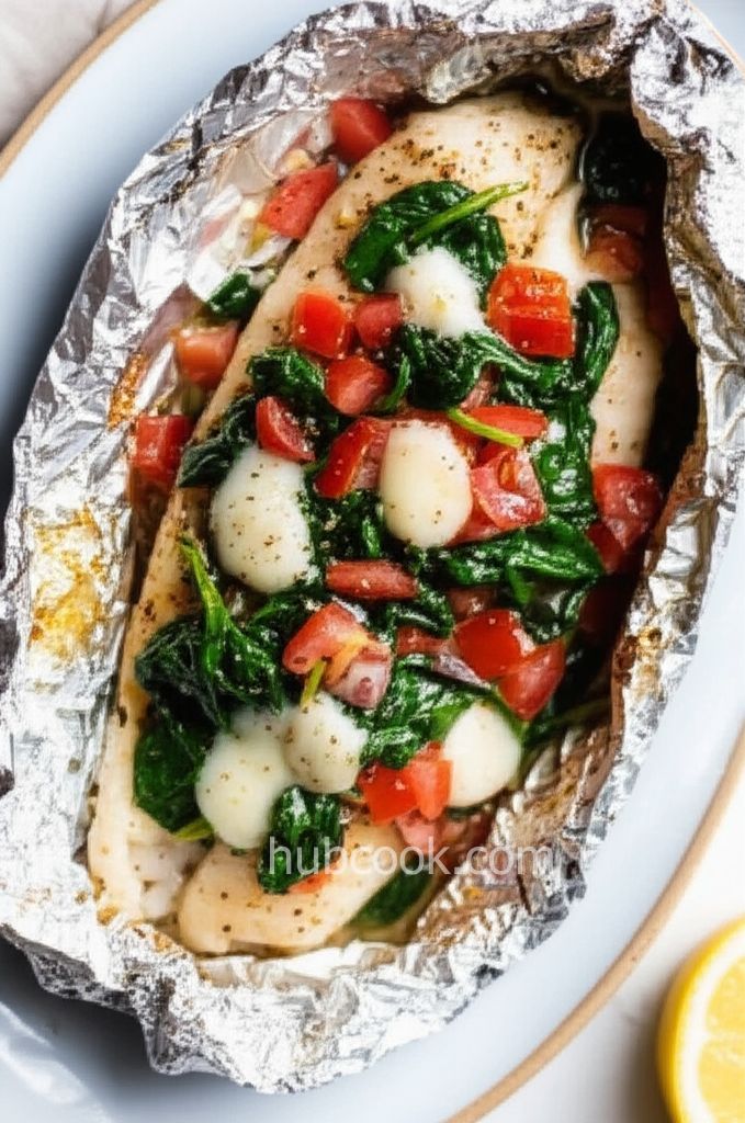 Grilled Cod with Spinach and Tomatoes
