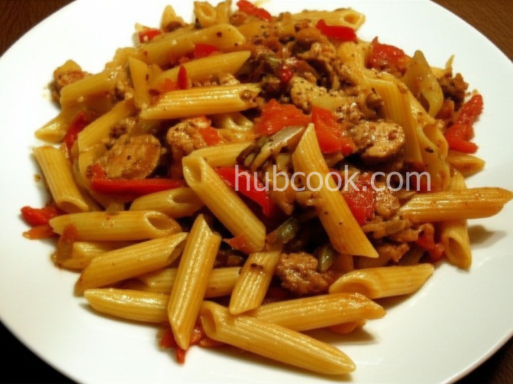 Penne, Peppers, and Chicken-Apple Sausage Saute