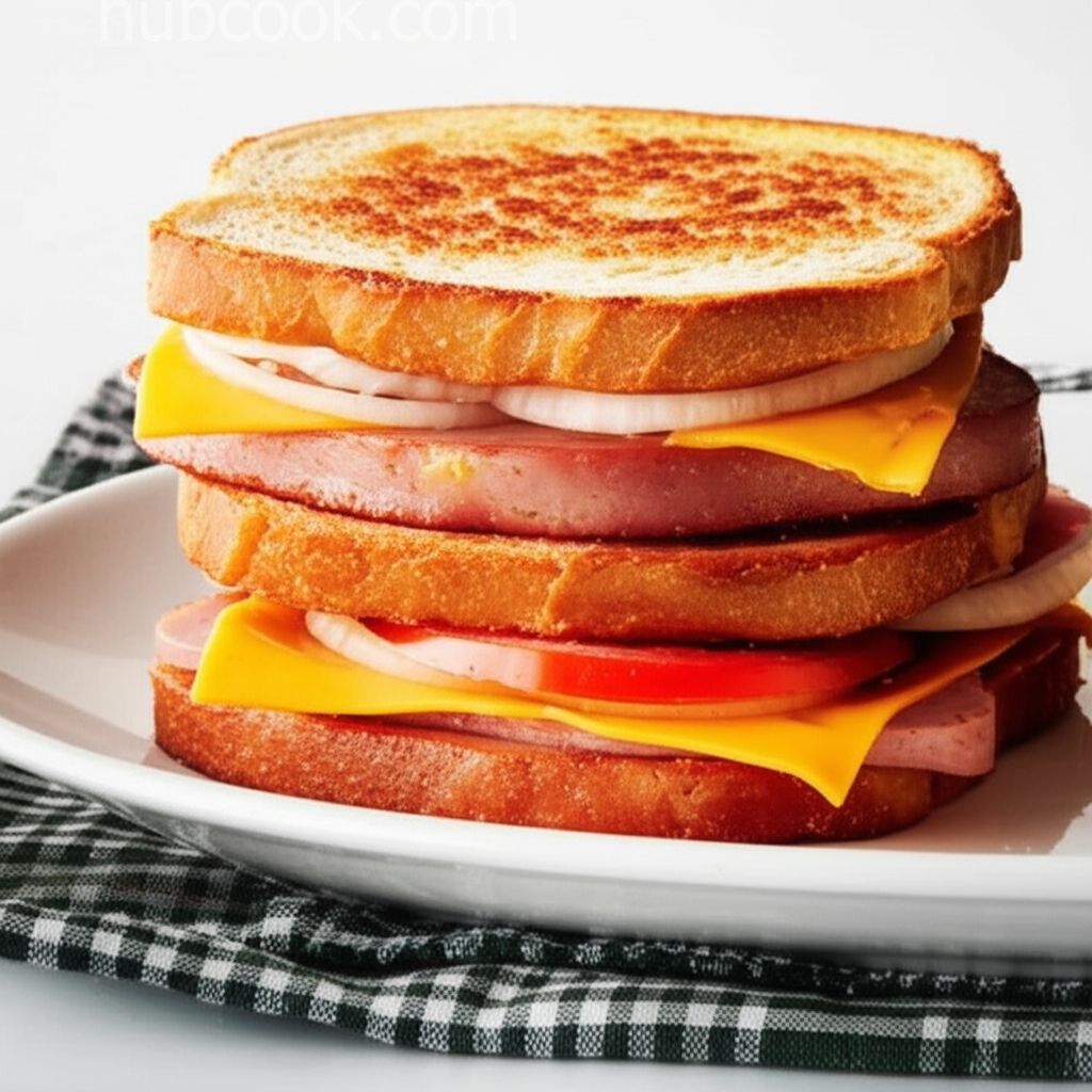 Grilled SPAM, Tomato, Cheddar Cheese, and Sweet Onion Sandwiches
