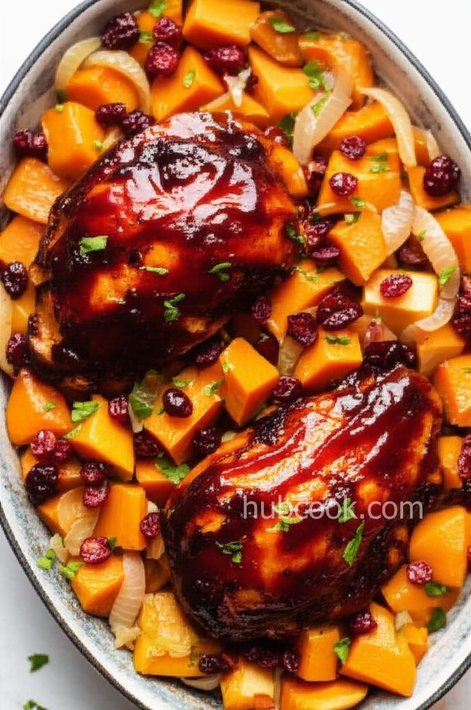Baked BBQ Chicken with Sweet Potato and Cranberries
