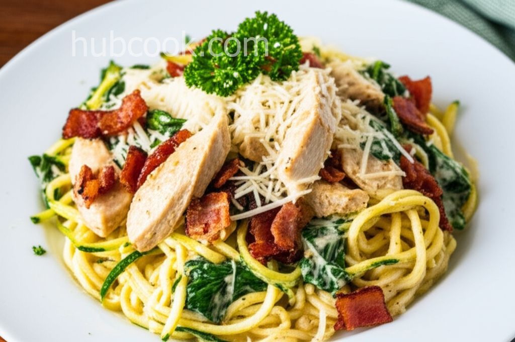 One-Pan Creamy Chicken and Bacon Zucchini Noodles